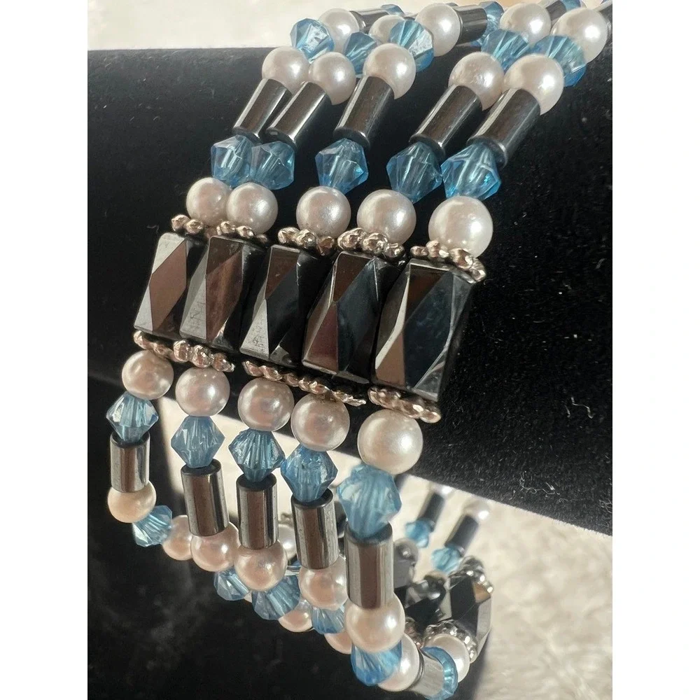 Hematite Wrap Bracelet Magnetic Beaded Multi Strand Faux Pearl Blue‎ Crystal